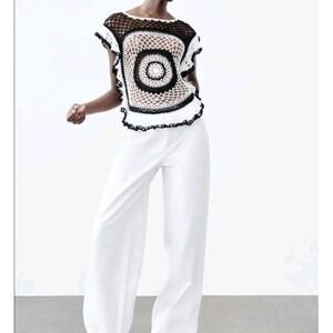 Zara Crochet Ruffle Top Black And White Size M NWOT